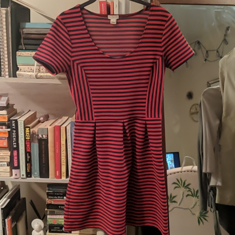 Navy and red striped fit and flare dress JCrew 2